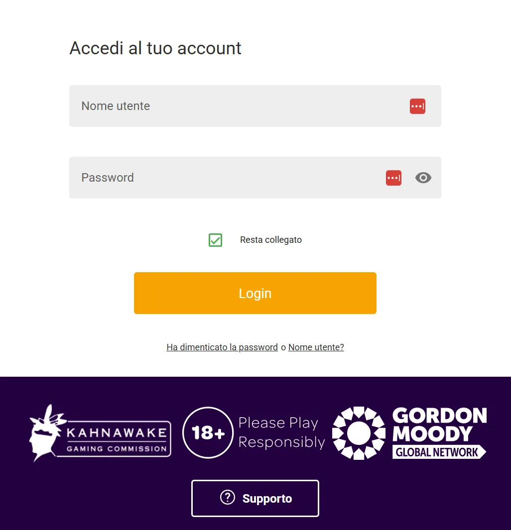 Schermata login Jackpot City